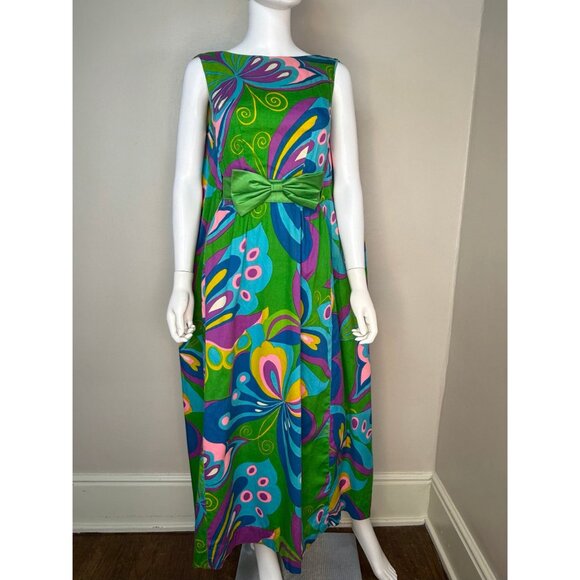 Vintage 1960s Psychedelic Butterfly Maxi Dress Alice Polynesian Fashions Size XS - Picture 2 of 13